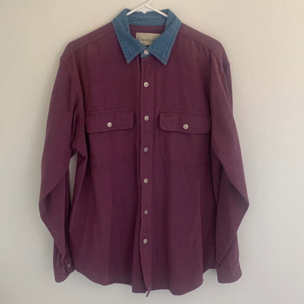 Vintage Great Land Button Up Shirt Plum Denim Collar Silver Snaps